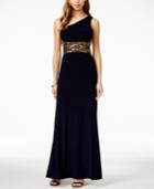 Betsy & Adam Embellished One-shoulder Gown