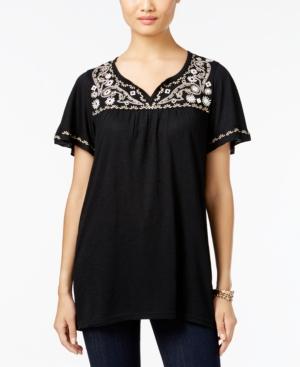 Style & Co. Embroidered Flutter-sleeve Top, Only At Macy's