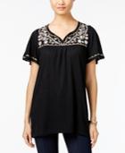 Style & Co. Embroidered Flutter-sleeve Top, Only At Macy's