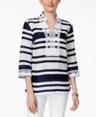 Charter Club Striped Crochet-trim Linen Tunic, Only At Macy's