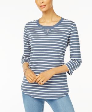Karen Scott Striped 3/4-sleeve Sweatshirt, Only At Macy's