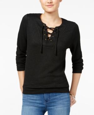 Hippie Rose Juniors' Lace-up Marled Knit Top