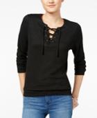 Hippie Rose Juniors' Lace-up Marled Knit Top