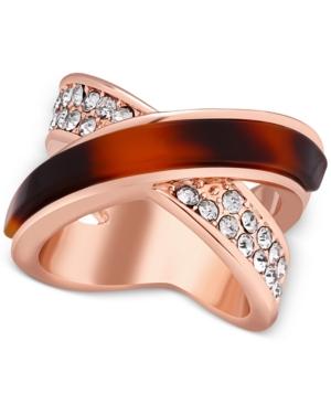 Guess Rose Gold-tone Red Tortoiseshell-look And Pave Crisscross Statement Ring