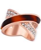 Guess Rose Gold-tone Red Tortoiseshell-look And Pave Crisscross Statement Ring