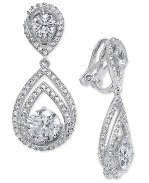 Danori Silver-tone Crystal Teardrop Halo Drop Clip-on Earrings