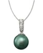 Cultured Tahitian Black Pearl (9mm) And Diamond (1/10 Ct. T.w.) Pendant Necklace In 14k White Gold