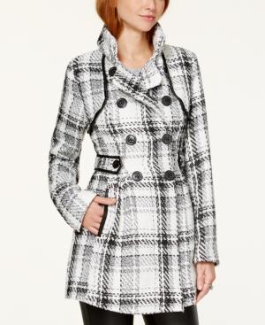 Bcx Juniors' Double-breasted Faux Leather-trim Plaid Outerwear Coat