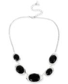 Robert Lee Morris Soho Silver-tone Black Faceted Bead & Hammered Sculptural Link Frontal Necklace