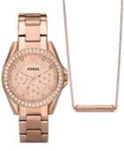 Fossil Women's Riley Rose Gold-tone Stainless Steel Bracelet Watch & Necklace Box Set 38mm Es4138set
