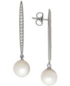 Honora Style Cultured Freshwater Pearl (9mm) & Swarovski Zirconia Linear Drop Earrings In Sterling Silver