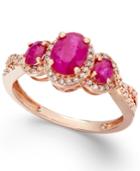 Ruby (1-1/3 Ct. T.w.) And Diamond (1/4 Ct. T.w.) Three-stone Ring In 14k Rose Gold