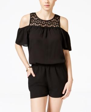 Bcx Juniors' Lace-trim Cold-shoulder Romper