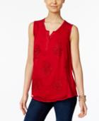 Style & Co Petite Embroidered Split-neck Top, Only At Macy's
