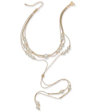 I.n.c. Rose Gold-tone Imitation Pearl Multi-strand Lariat Choker Necklace, 14 + 3 Extender, Created For Macy's