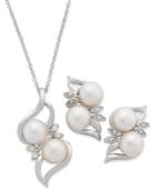 Cultured Freshwater Pearl (7mm) And Cubic Zirconia 2-pc Set Pendant Necklace And Stud Earrings In Sterling Silver