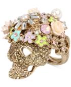 Betsey Johnson Rose Gold-tone Flowery Glitter Skull Ring