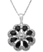 Sterling Silver Pendant, Onyx And Diamond Accent Flower