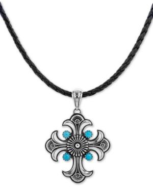 American West Turquoise Cross Braided Leather Pendant Necklace (1-3/4 Ct. T.w.) In Sterling Silver, 16 + 2 Extender