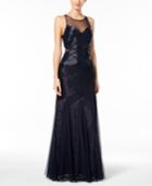 Adrianna Papell Crisscross Beaded Illusion Gown