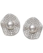 Cultured Freshwater Pearl (6mm) & Cubic Zirconia Button Stud Earrings In Sterling Silver