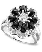 Onyx And Diamond Accent Flower Ring In Sterling Silver