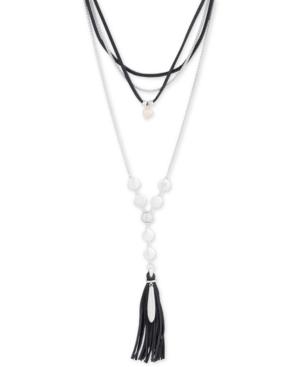 Lucky Brand Silver-tone Imitation Pearl & Leather Cord Layered Lariat Necklace, 15 + 2 Exgtender