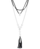 Lucky Brand Silver-tone Imitation Pearl & Leather Cord Layered Lariat Necklace, 15 + 2 Exgtender