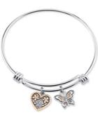 Unwritten Two-tone Butterfly And Heart Sisters Charm Bangle Bracelet
