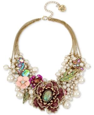 Betsey Johnson Gold-tone Imitation Pearl & Stone Floral Statement Necklace, 15-1/2 + 3 Extender