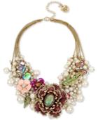 Betsey Johnson Gold-tone Imitation Pearl & Stone Floral Statement Necklace, 15-1/2 + 3 Extender