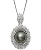 Black Cultured Tahitian Pearl (10mm) & Cubic Zirconia 18 Pendant Necklace In Sterling Silver