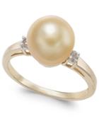 Cultured Golden South Sea Pearl (9mm) & Diamond Accent Ring In 14k Gold