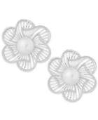 Cultured Freshwater Pearl (7mm) And Cubic Zirconia Flower Stud Earrings In Sterling Silver