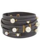 Inc International Concepts Gold-tone Imitation Pearl Gray Faux Leather Wrap Bracelet, Only At Macy's