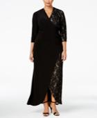 R & M Richards Plus Size Lace-contrast Faux-wrap Gown