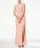 City Studios Juniors' Embellished Glitter Lace Side-slit Gown