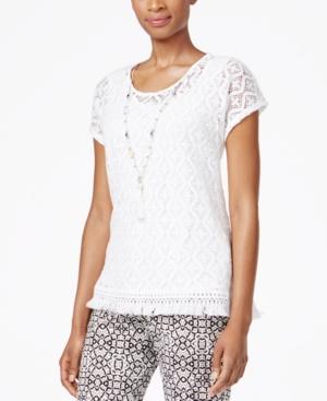 Alfred Dunner Petite Lace Fringe-trim Necklace Blouse