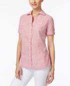 Karen Scott Petite Cotton Dobby Striped Shirt, Only At Macy's