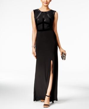 Nightway Petite Velvet-trim Lace Gown