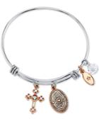 Unwritten Faith Can Move Mountains Adjustable Cross Charm Bangle Bracelet In Rose Gold-tone & Stainless Steel