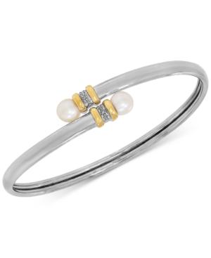 Cultured Freshwater Pearl (6mm) & Diamond Accent Bypass Bangle Bracelet In Sterling Silver & 10k Gold