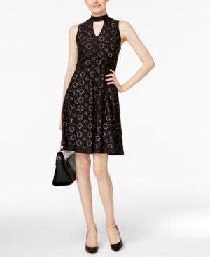 Ny Collection Mock-neck Eyelet Fit & Flare Dress