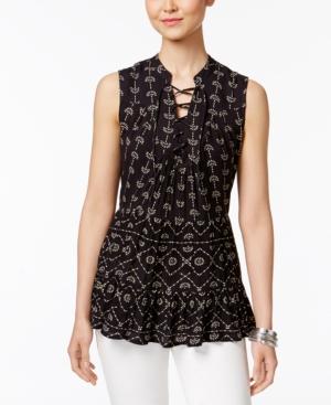 Style & Co Printed Lace-up Top, Only At Macy's