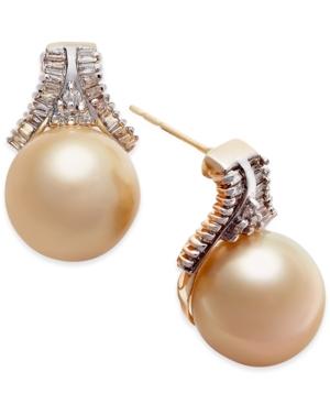 Cultured Golden South Sea Pearl (10mm) And Diamond (5/8 Ct. T.w.) Stud Earrings In 14k Gold
