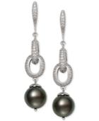 Belle De Mer Cultured Black Tahitian Pearl (10mm) & Cubic Zirconia Linear Drop Earrings In Sterling Silver