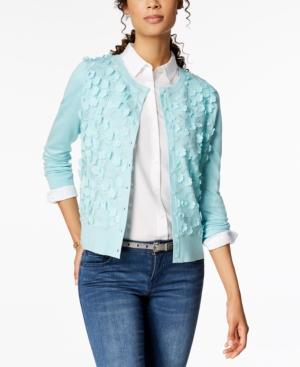 Charter Club Long-sleeve Floral-applique Cardigan, Created For Macy's