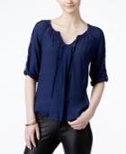Bcx Juniors' Roll-tab-sleeve Crocheted-trim Peasant Blouse