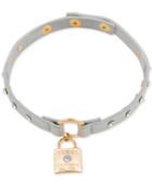 Guess Gold-tone Crystal Lock Pendant Metallic Silver Faux Leather Choker Necklace