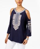 Style & Co Embroidered Cold-shoulder Top, Only At Macy's